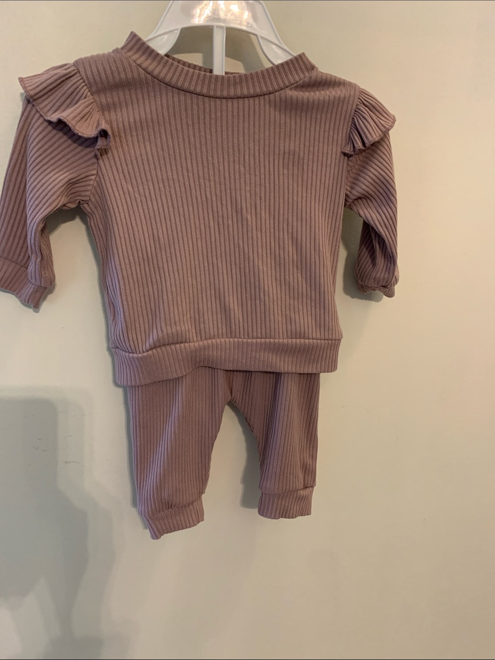 chick pea Ribbed Ruffle Shoulder Matching Set - Dusty Mauve